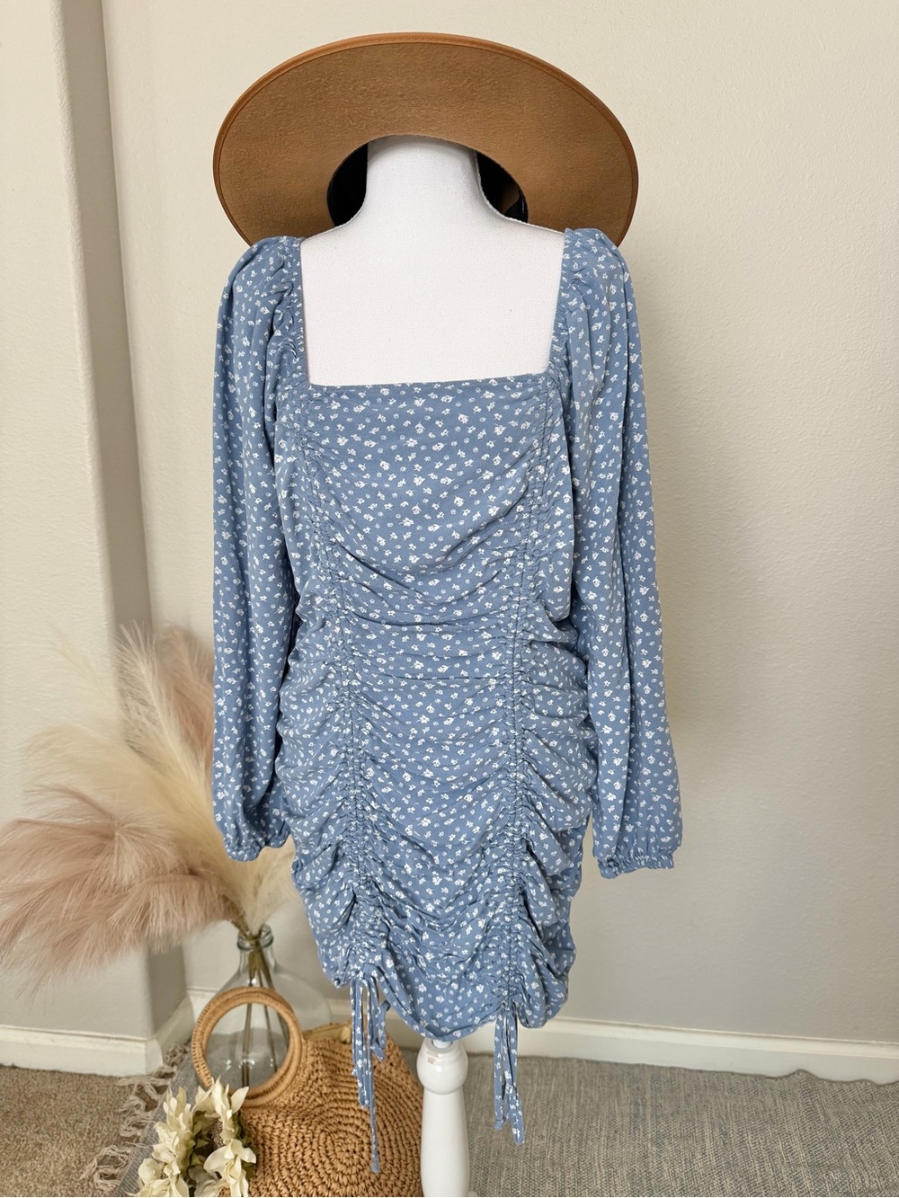 Wild Fable - Coastal Cowgirl Blue Floral Square-Neck Ruched Mini Dress